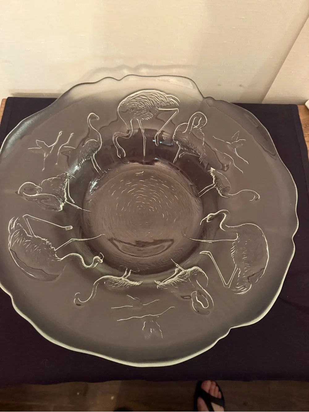 🦩Raised flamingo 🦩 bowl.  French glass 14” scalloped edge.